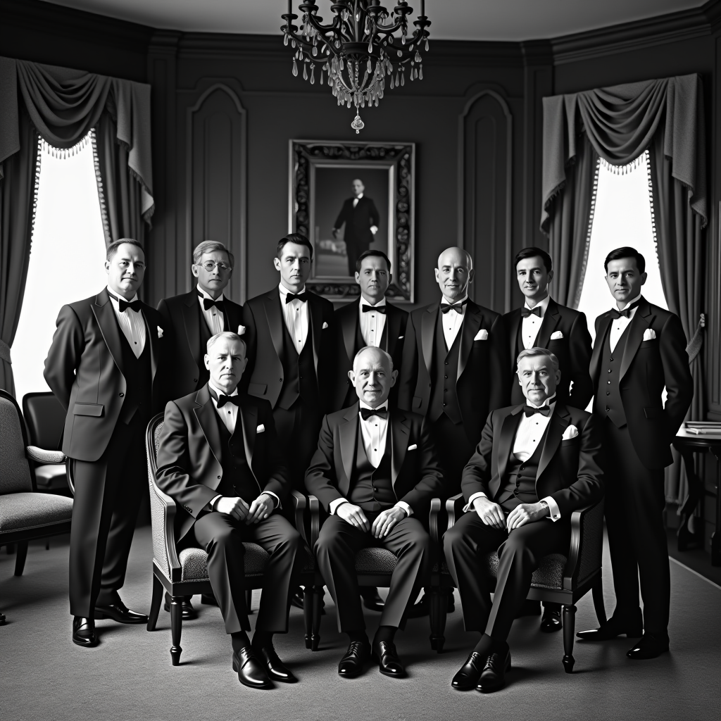 Black and white historical photograph from the Columbian Club archives showing founding members gathered in formal attire at the original clubhouse, circa early 1900s, with ornate wooden interior and period furnishings visible in the background
