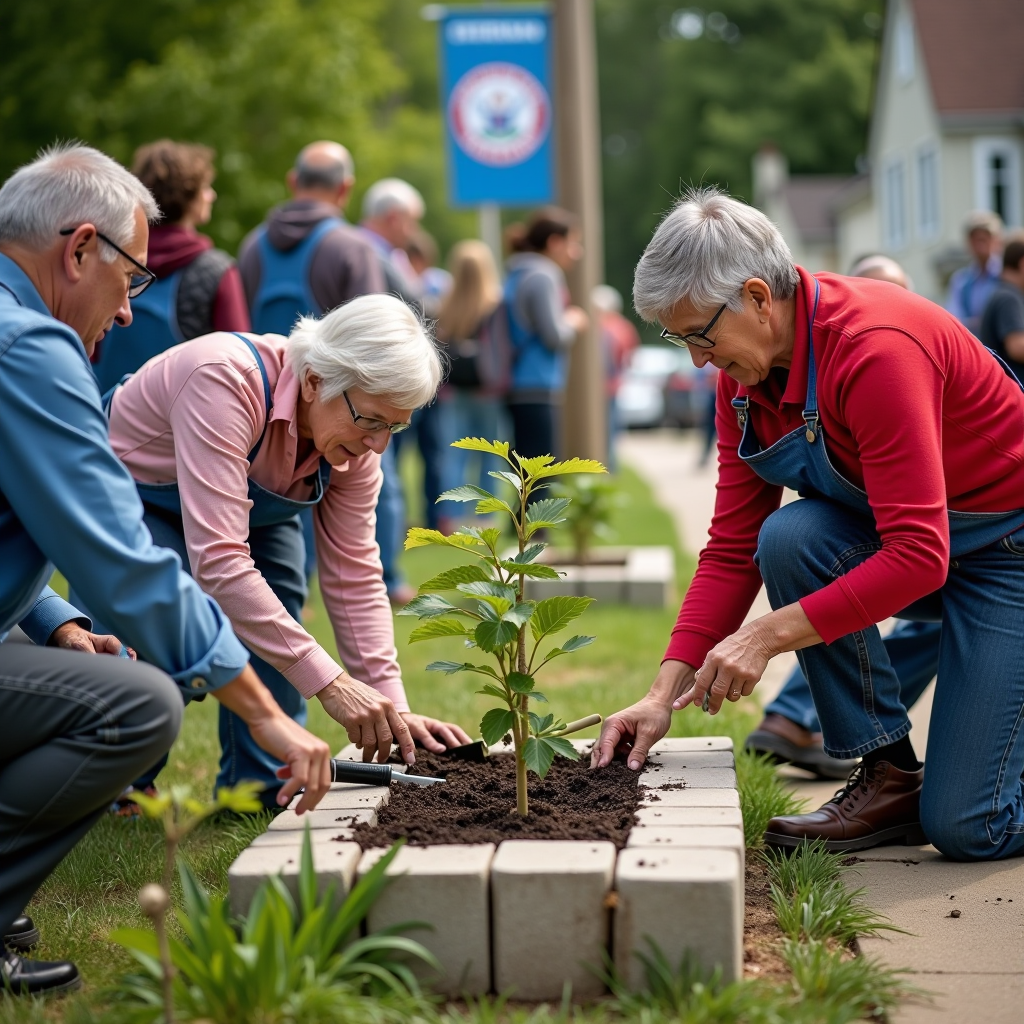 Members of the Columbian Club gathered at a recent community service event, showing diverse age groups working together on a civic improvement project. The image captures volunteers of various ages collaborating on a neighborhood beautification initiative, with some planting trees while others paint community benches. The scene demonstrates intergenerational cooperation and active civic engagement, with the organization's banner visible in the background. Natural outdoor lighting highlights the collaborative spirit and community focus of modern fraternal society activities.