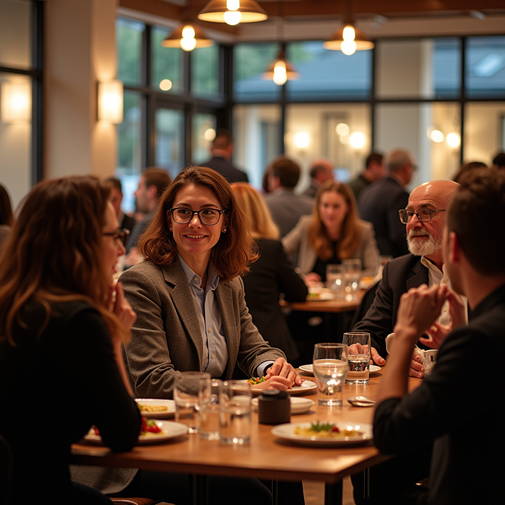 Contemporary photograph of Columbian Club members at a recent community event, showing diverse group of people engaged in conversation and activities, with modern club facilities visible, demonstrating blend of tradition and contemporary engagement