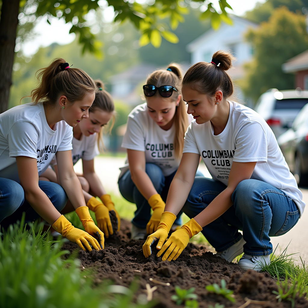 Volunteers from the Columbian Club wearing matching t-shirts working together at a community service project, helping with neighborhood revitalization, planting trees and painting, showing civic engagement and charitable work in action