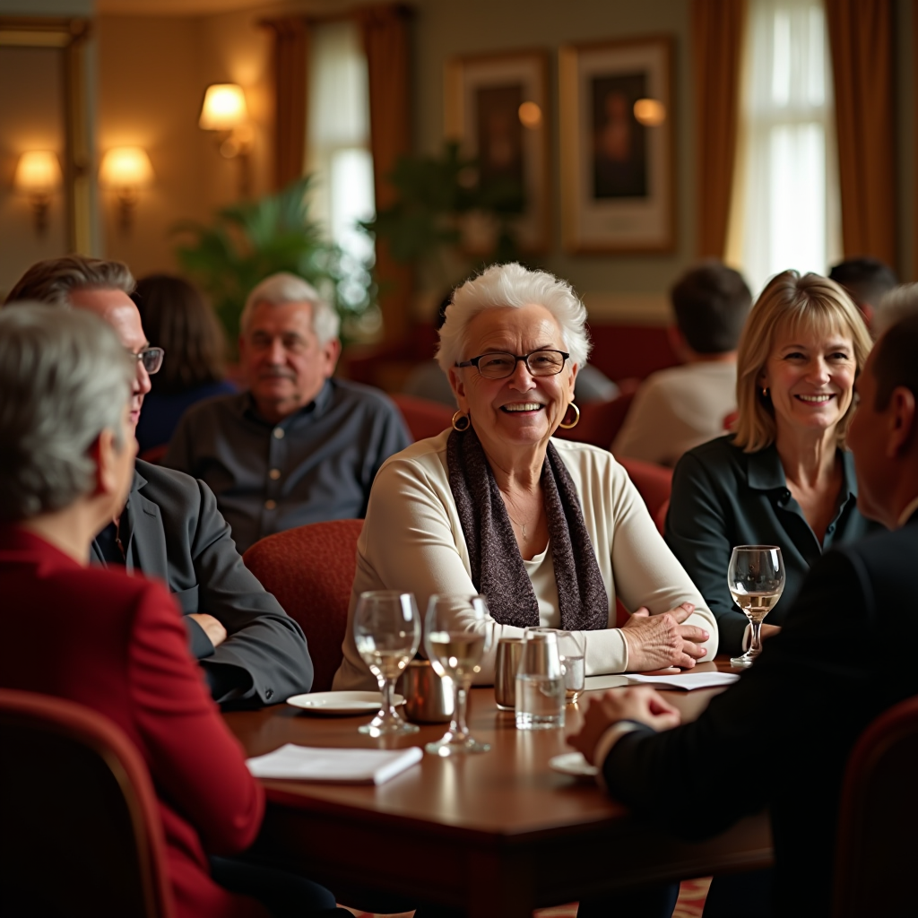 Group photo of Columbian Club members at a recent social gathering, showing diverse ages and backgrounds, people smiling and enjoying fellowship together in an elegant club setting with warm lighting and comfortable furnishings